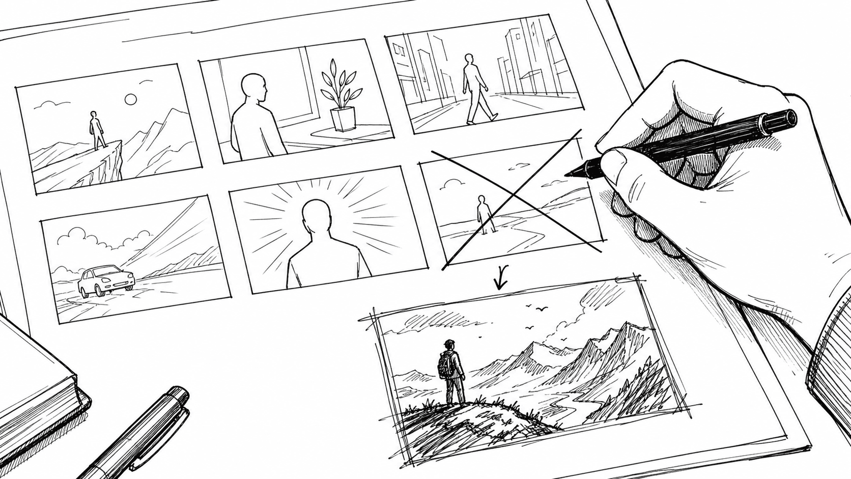 A hand correcting an AI-drafted storyboard by crossing out one panel and redrawing it with more specific detail