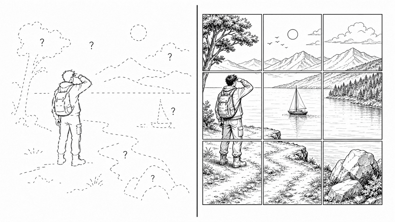 Two panels comparing an incomplete scene with gaps against the same scene specified as a full storyboard grid