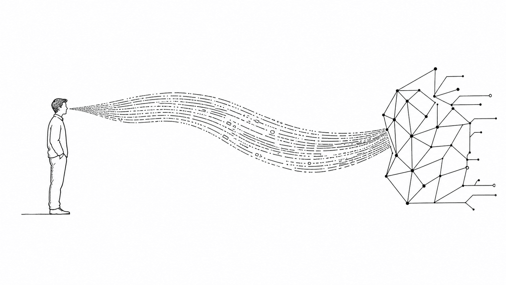 A human figure connected to an abstract machine by a ribbon of narrative marks