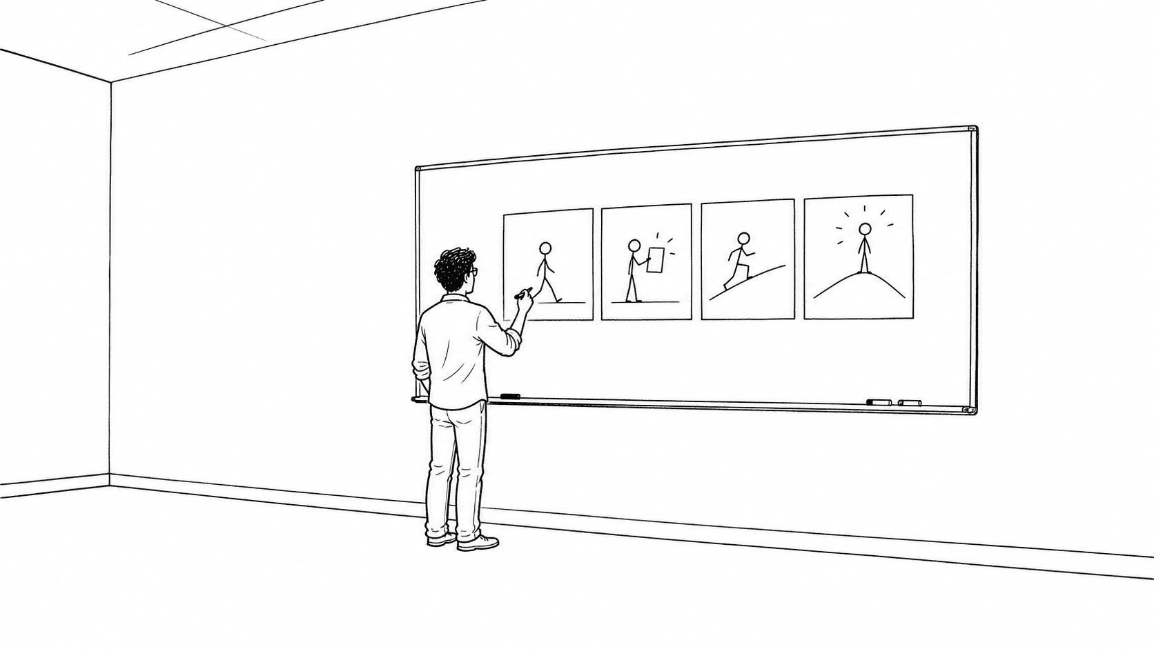 A figure sketching a four-panel storyboard on a whiteboard in an empty training room